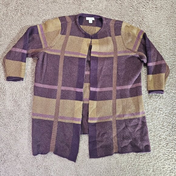 CJ Banks Sweaters - CJ Banks Long Open Front Cardigan Sweater Womens 2X Plaid Purple Tan Knit